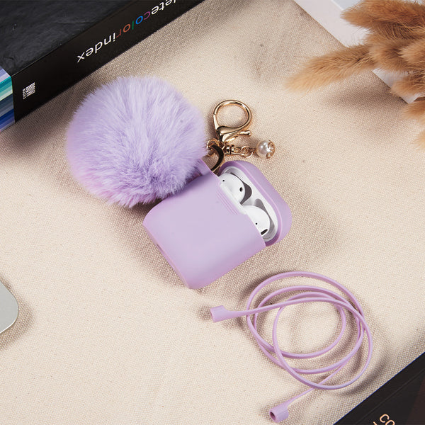 RinoGear: Apple AirPods Pro 2 Case Rugged Drop-proof Thick Silicone TPU with Furball Ornament Key Chain & Strap - Lavender